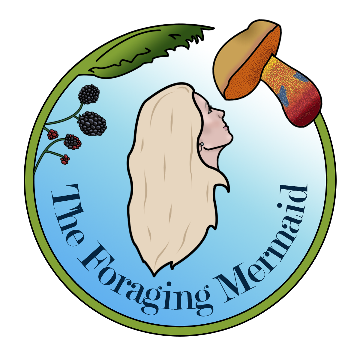 The Foraging Mermaid logo depicting a blonde haired head looking up at a Suillelus luridus mushroom, with a circle of hogweed, blackberries on the left, and the name beneath the circle